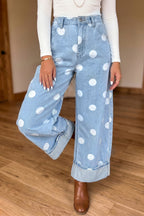 Brown polka dot ankle-length casual jeans by Dear-Lover with metal buttons and comfortable cotton blend fabric.
