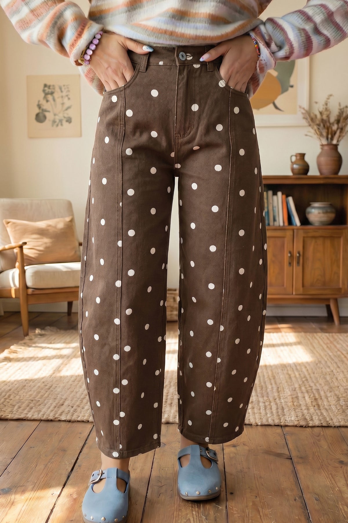 Brown tailored seam polka dot print barrel jeans by Dear-Lover, casual bottoms with cotton, polyester, and elastane blend.