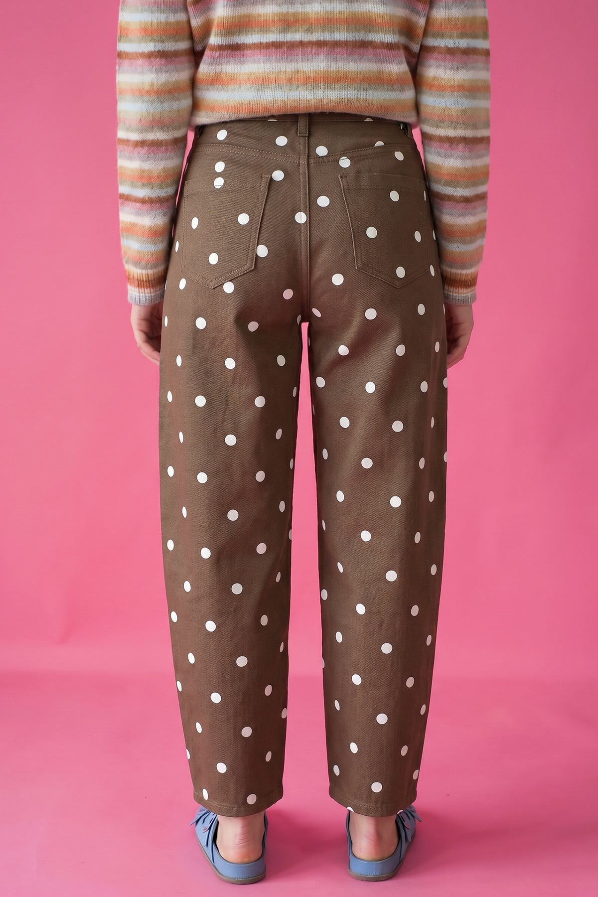 Brown tailored seam polka dot print barrel jeans by Dear-Lover Dropshipping, casual denim bottoms with stylish design and comfortable fit.