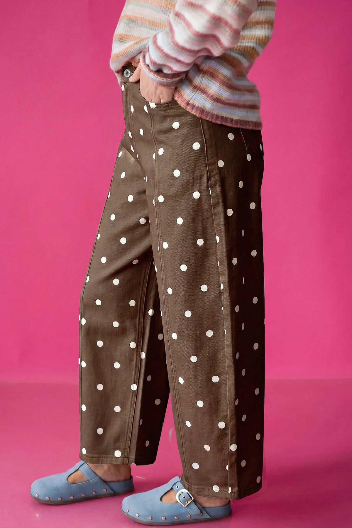 Brown tailored seam polka dot print barrel casual jeans from Dear-Lover Dropshipping, featuring a stylish polka dot pattern and comfortable fit.