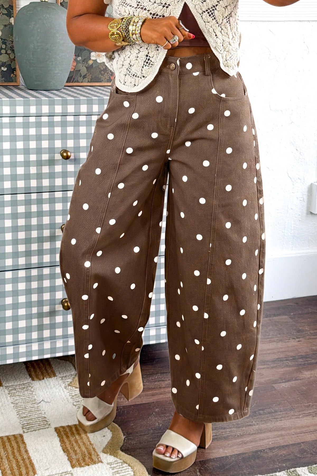 Brown tailored seam polka dot print barrel casual jeans from Dear-Lover Dropshipping, featuring a stylish design and comfortable fit.