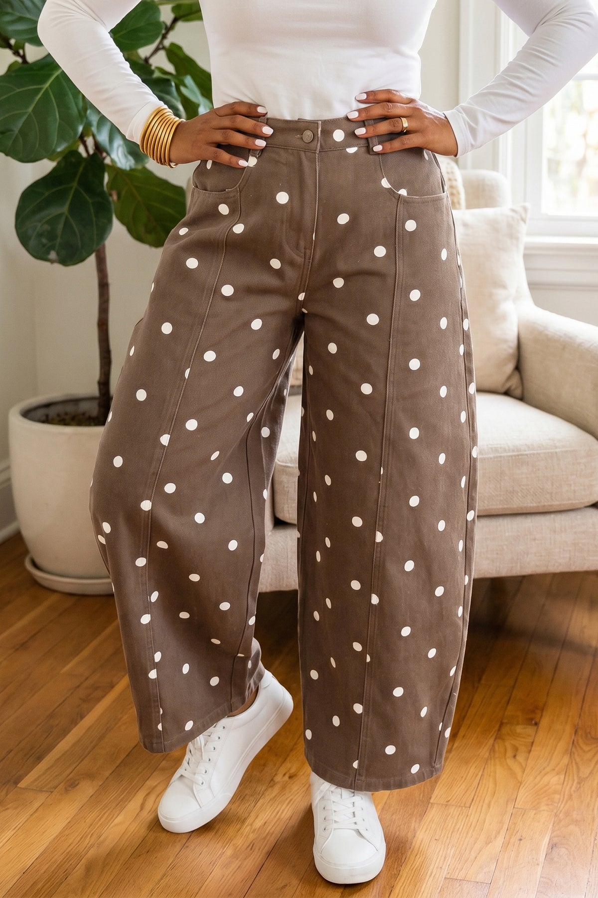 Brown tailored seam polka dot print barrel jeans by Dear-Lover Dropshipping, casual bottoms with cotton, polyester, and elastane fabric.