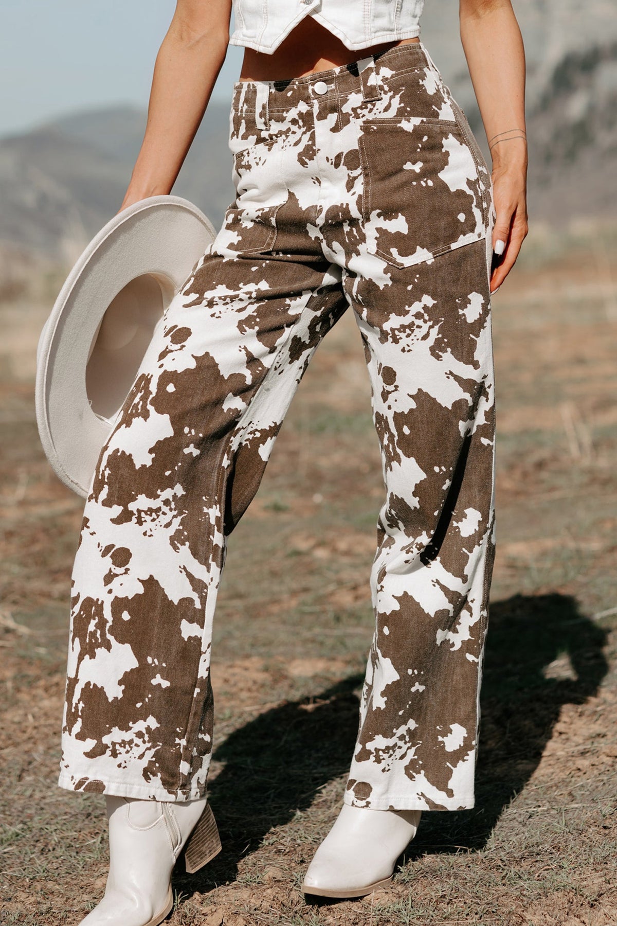 Brown abstract pattern Western style jeans by Dear-Lover, full-length regular fit denim bottoms with a stylish design and classic cut.