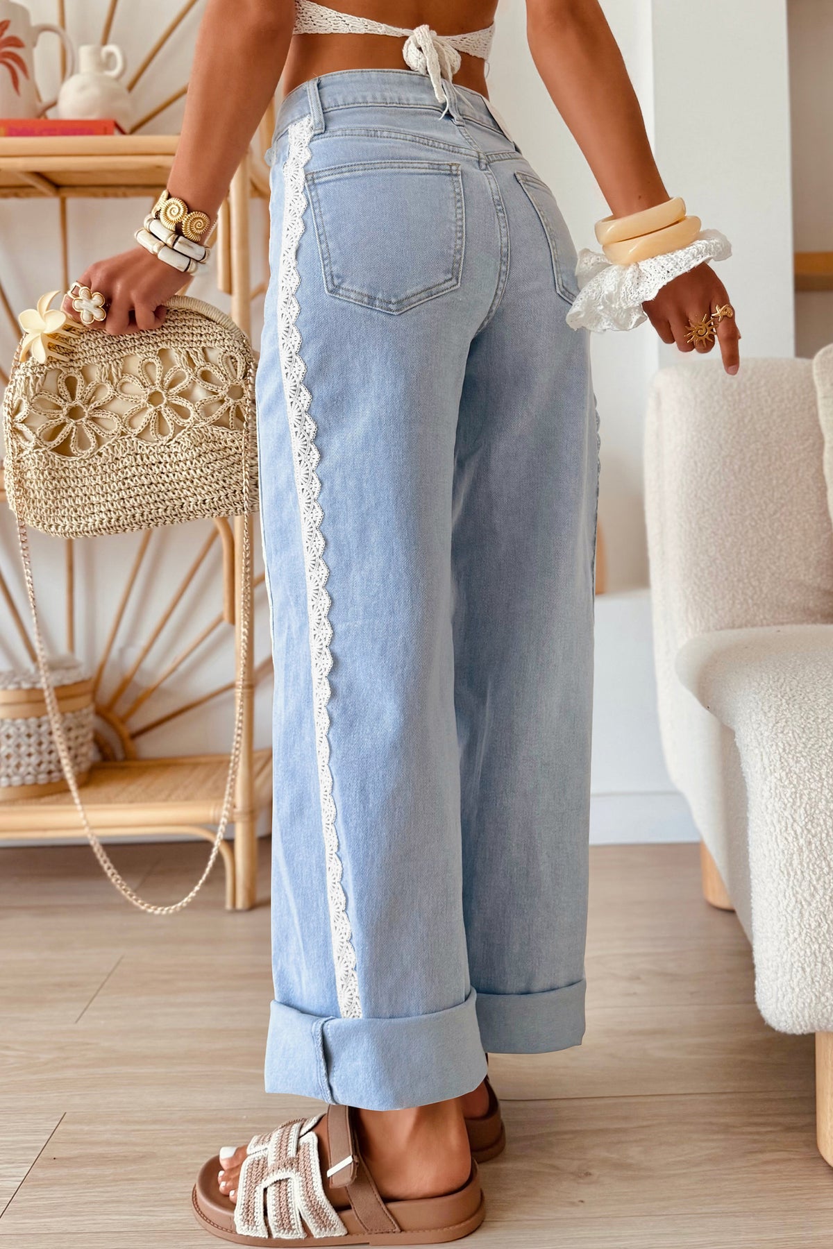 Dear-Lover coffee lace trim casual full-length jeans with regular fit, made of cotton, polyester, and elastane, shown from the front.