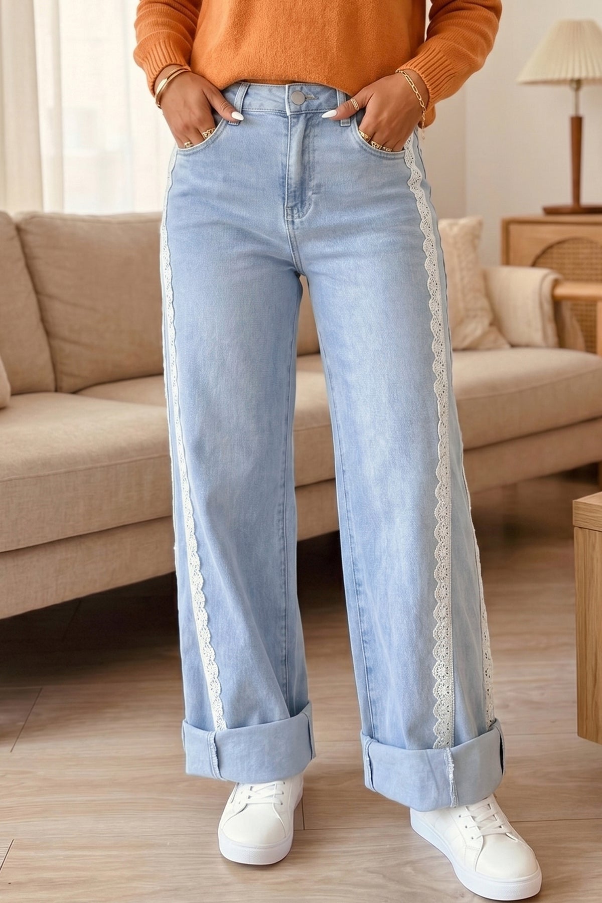 Dear-Lover coffee lace trim casual full-length jeans with regular fit, cotton, polyester, and elastane for comfortable everyday wear.