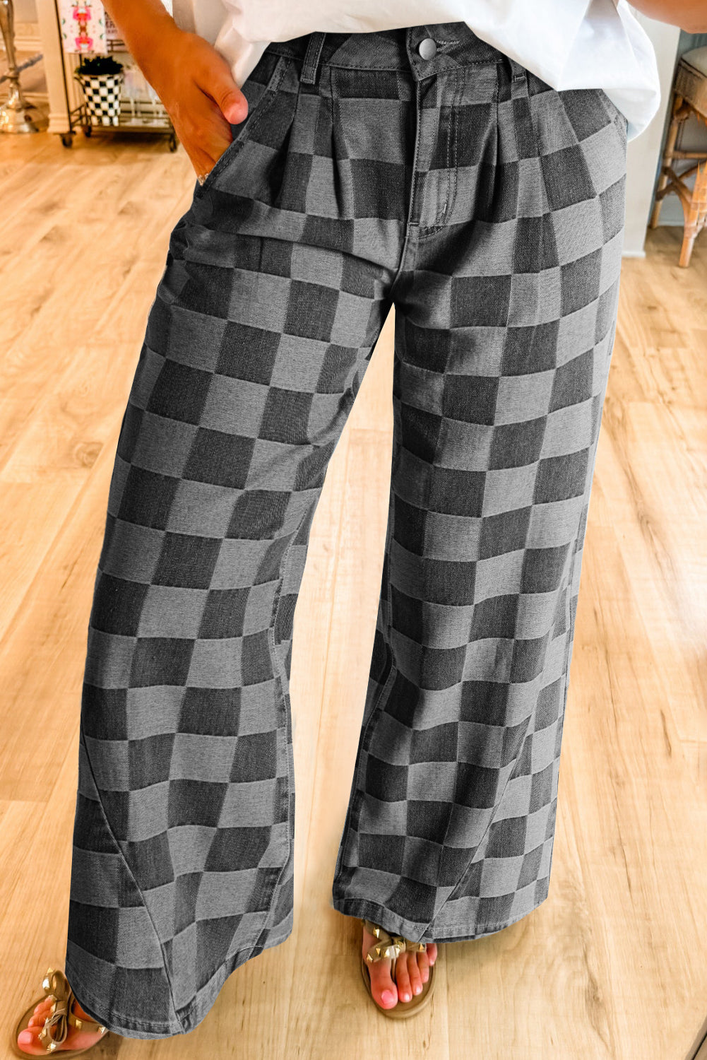 Dark grey checkered denim wide-leg jeans from Dear-Lover, featuring a relaxed fit and stylish pattern for casual wear.