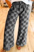 Dark grey checkered denim wide-leg jeans from Dear-Lover, featuring a relaxed fit and stylish pattern for casual wear.