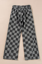 Dark grey checkered denim wide-leg jeans from Dear-Lover with a relaxed fit, made of polyester and cotton for casual style.