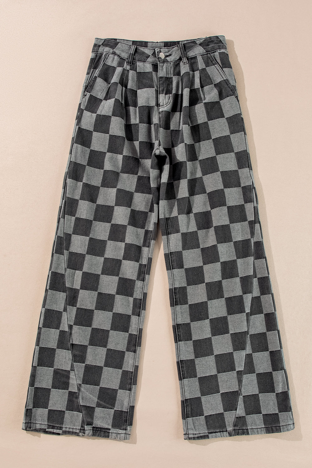 Dark grey checkered denim wide-leg jeans from Dear-Lover with a relaxed fit, made of polyester and cotton for casual style.