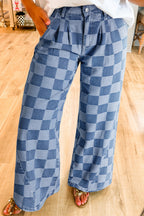 Dark grey checkered denim wide-leg jeans from Dear-Lover, showcasing their relaxed fit and stylish pattern.