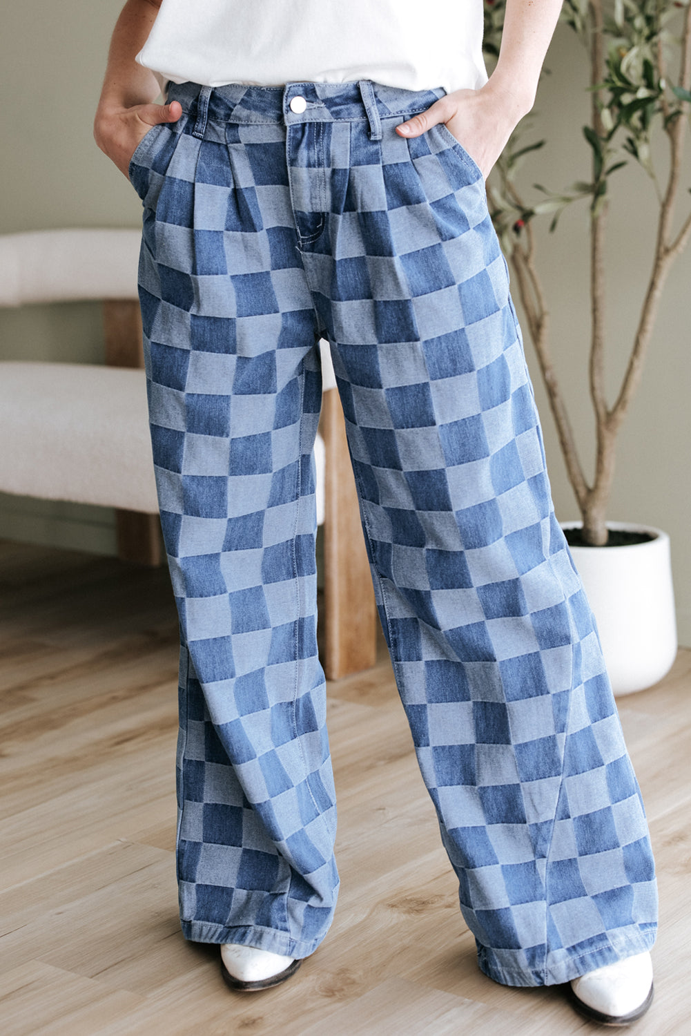 Dark grey checkered denim wide-leg jeans by Dear-Lover Dropshipping, featuring a relaxed fit and stylish checkered pattern.