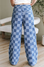 Dark grey checkered denim wide-leg jeans from Dear-Lover, made of polyester and cotton, shown on a model.