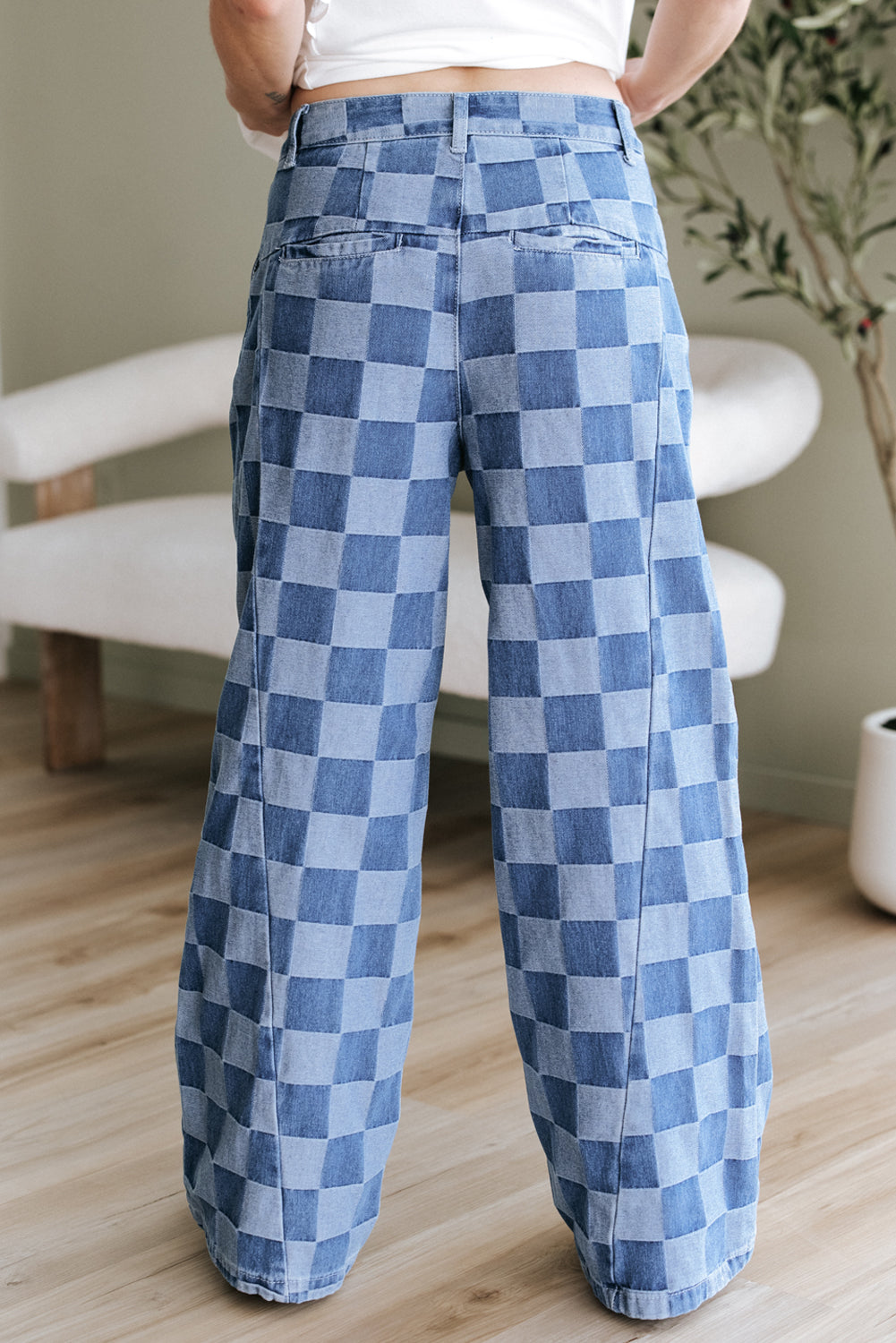 Dark grey checkered denim wide-leg jeans from Dear-Lover, made of polyester and cotton, shown on a model.