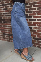 Dusk Blue high-rise denim pants with buttons, pleated design, cropped wide-leg style, made by Dear-Lover.