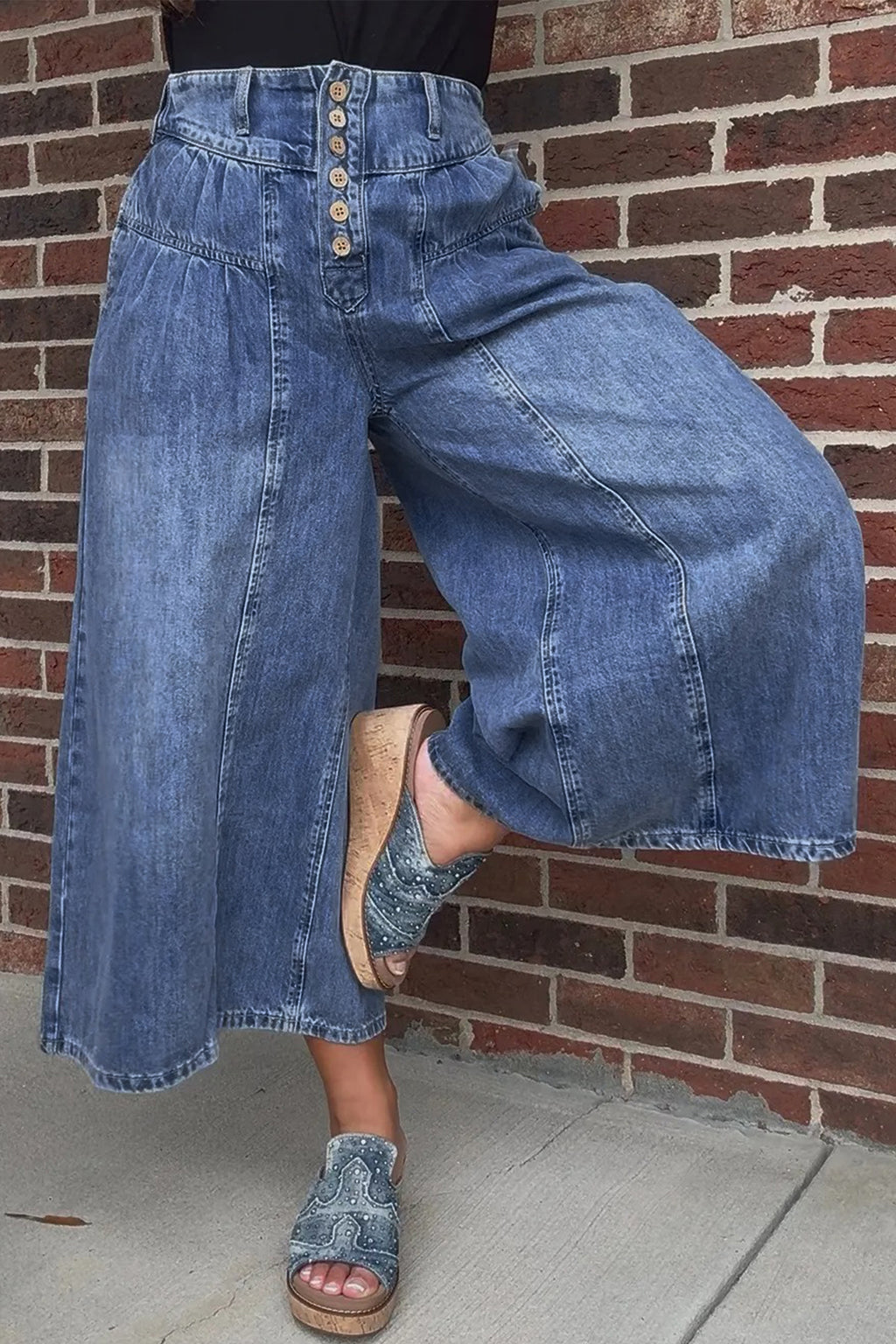 Dusk blue high-rise cropped wide-leg denim pants with pleats and button details, made by Dear-Lover Dropshipping.