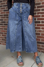 Dusk blue high-rise wide-leg denim pants with buttons, pleated cropped design, made of cotton and polyester, by Dear-Lover.