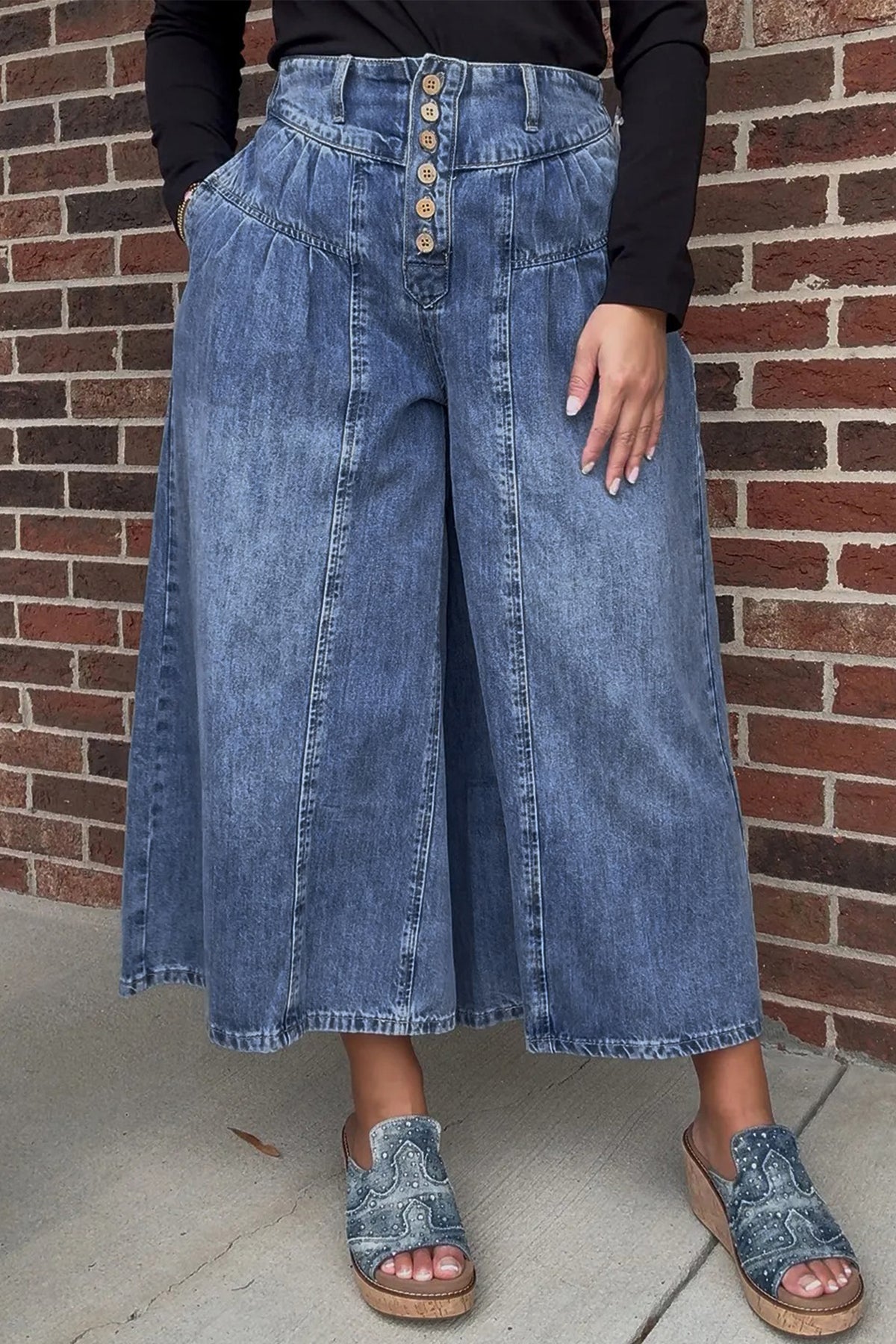 Dusk blue high-rise wide-leg denim pants with buttons, pleated cropped design, made of cotton and polyester, by Dear-Lover.