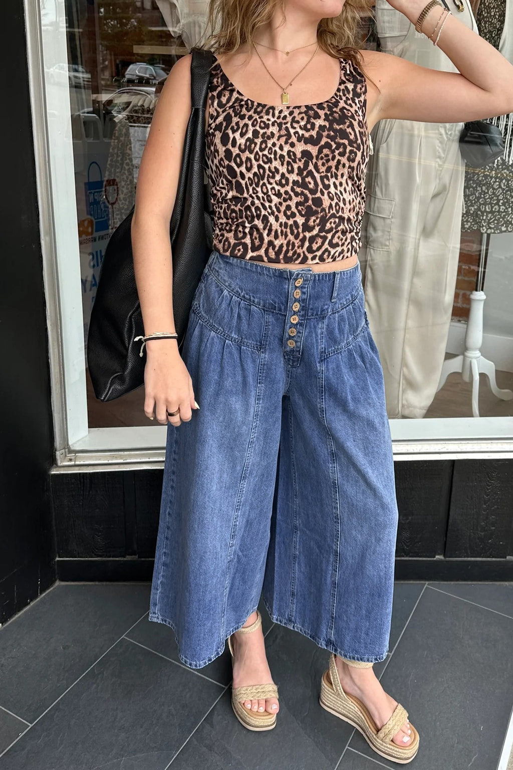 Dusk blue high-rise denim jeans with buttons, pleated design, cropped wide-leg style, from Dear-Lover.