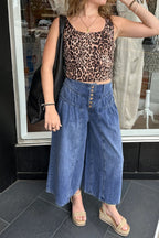 Dusk blue high-rise denim jeans with buttons, pleated design, cropped wide-leg style, from Dear-Lover.
