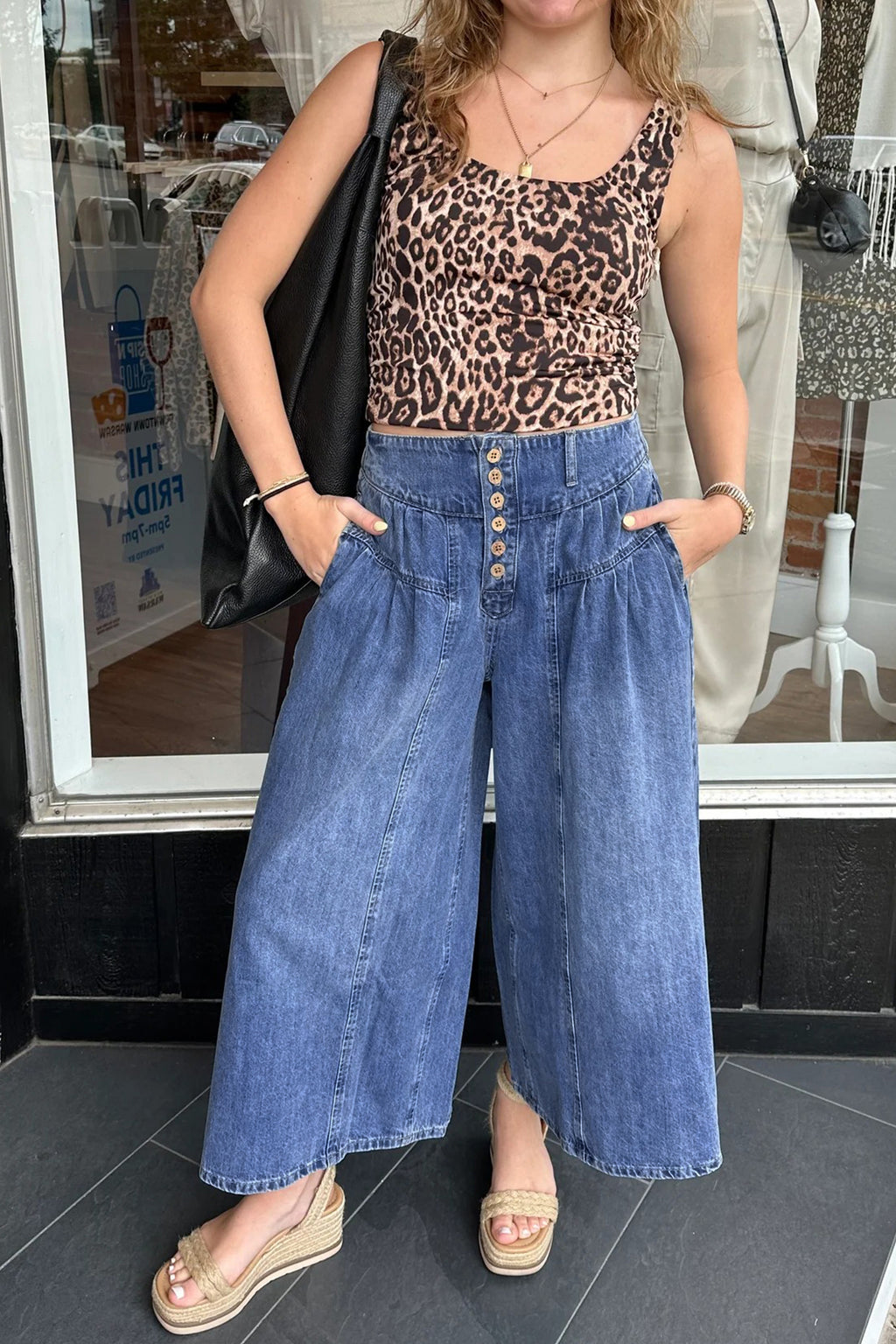Dusk blue high-rise wide-leg denim pants with pleats, buttons, and cropped length by Dear-Lover, made of cotton and polyester.