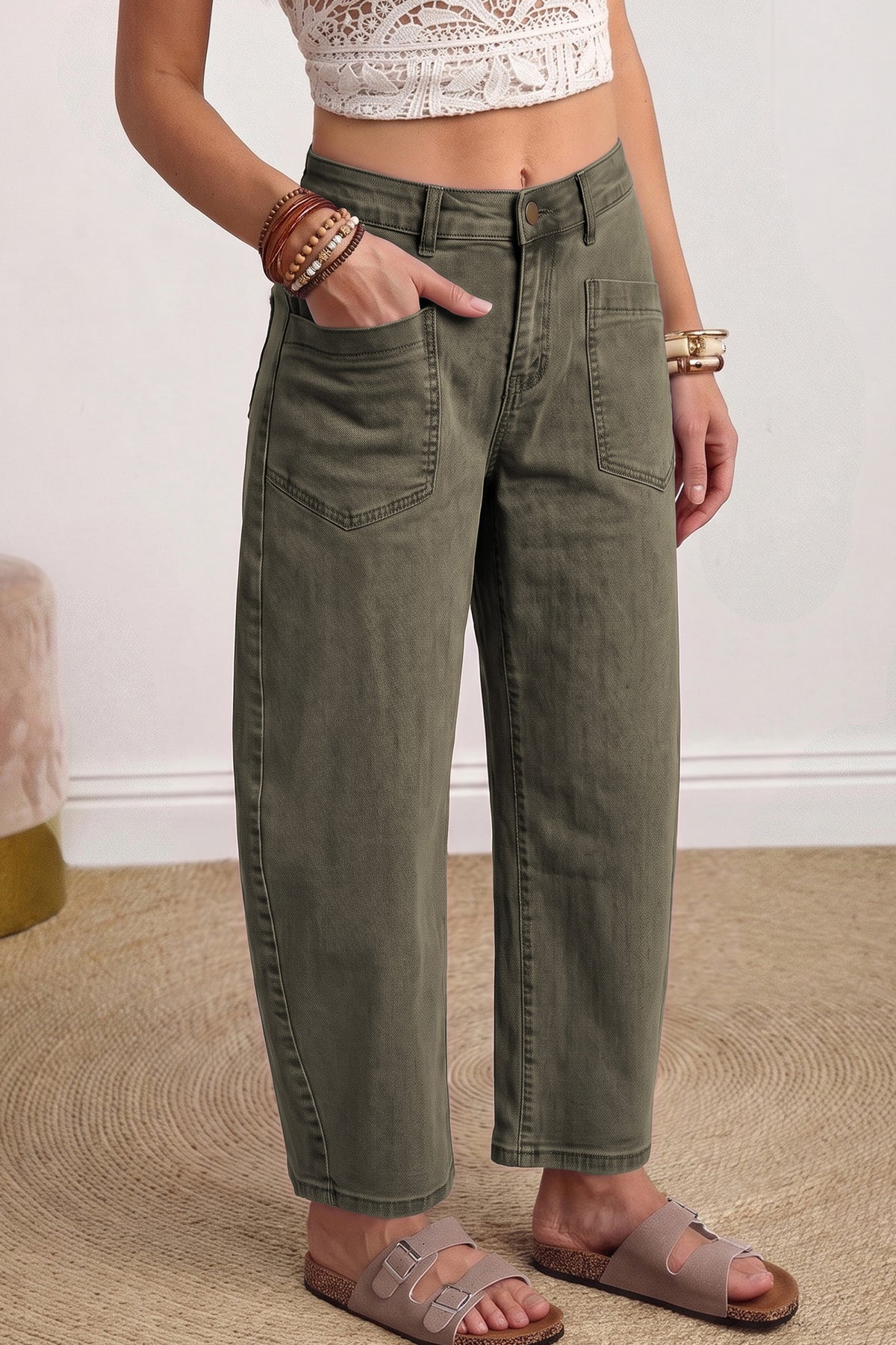 Dear-Lover square patch pocket ankle-length barrel jeans in cotton and elastane with colorful square patches, stylish casual bottoms.