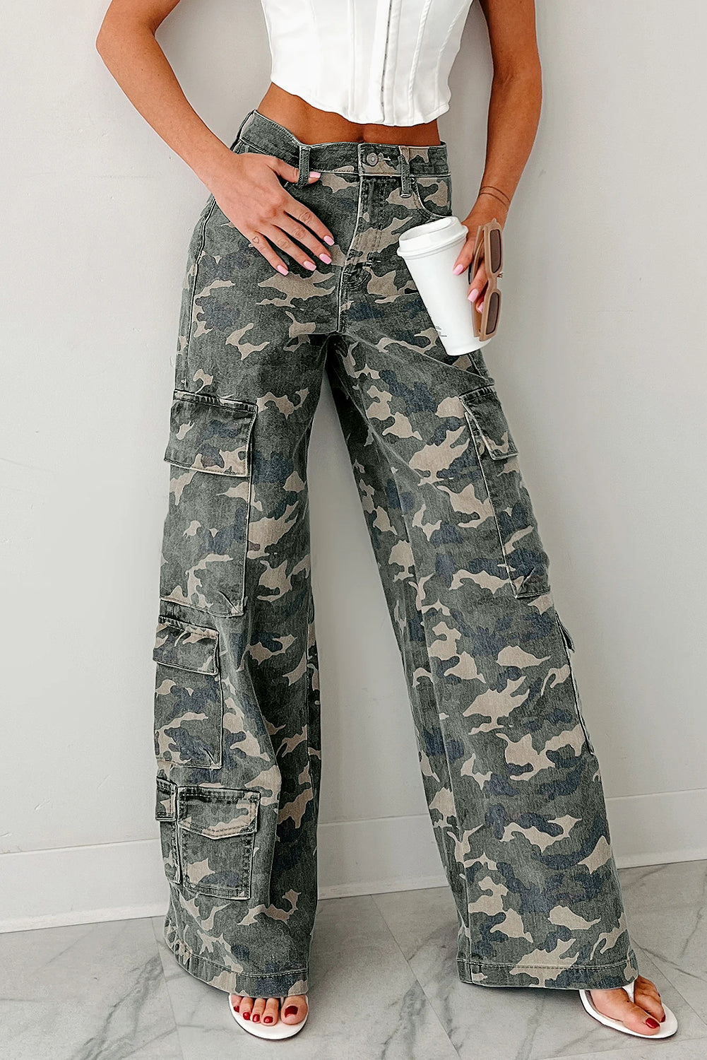Green camo denim cargo wide-leg pants from Dear-Lover, featuring a relaxed fit with multiple pockets and wide-leg style.