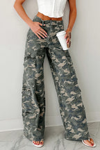 Green camo denim cargo wide-leg pants from Dear-Lover, featuring a relaxed fit with multiple pockets and wide-leg style.
