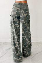 Green camo denim cargo wide-leg pants from Dear-Lover, featuring a relaxed fit, multiple pockets, and a stylish camouflage pattern.
