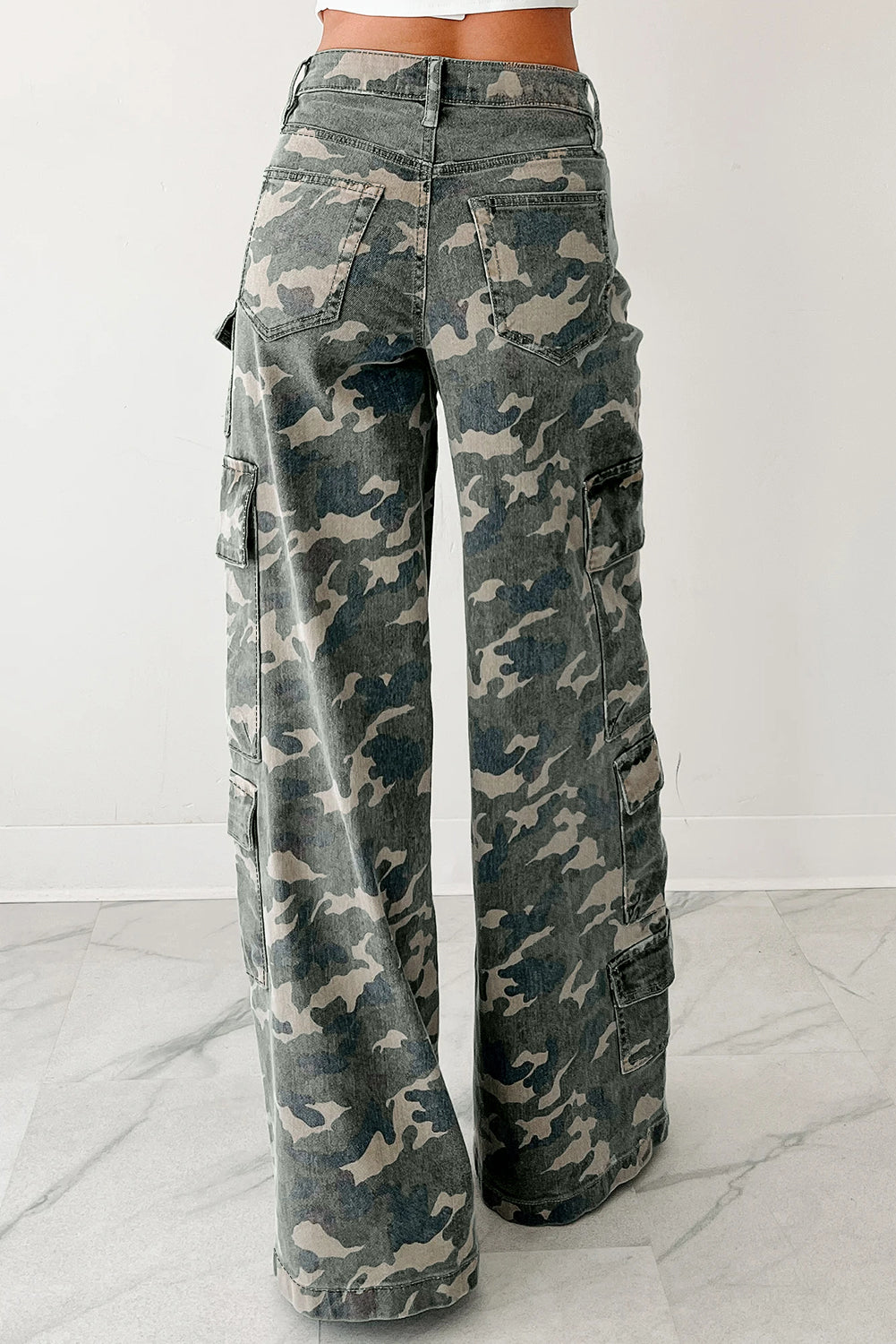 Green camo denim cargo wide-leg pants from Dear-Lover, featuring a relaxed fit, multiple pockets, and a stylish camouflage pattern.