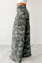 Green camouflage denim cargo wide-leg pants for women from Dear-Lover, featuring a relaxed fit and functional pockets.