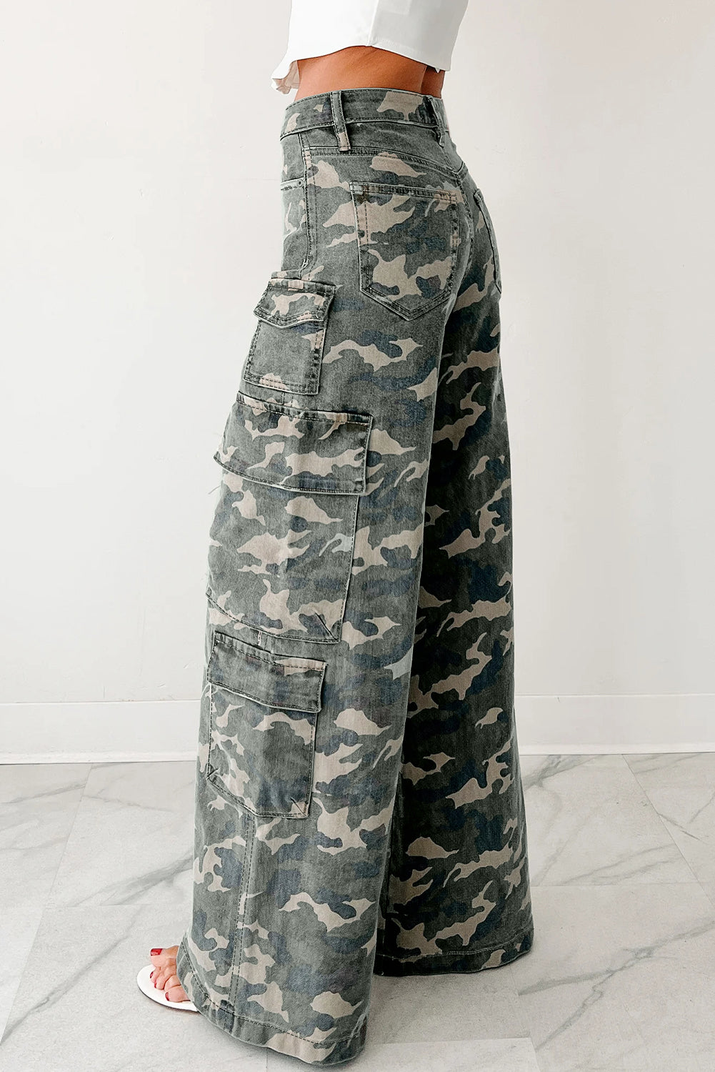 Green camouflage denim cargo wide-leg pants for women from Dear-Lover, featuring a relaxed fit and functional pockets.