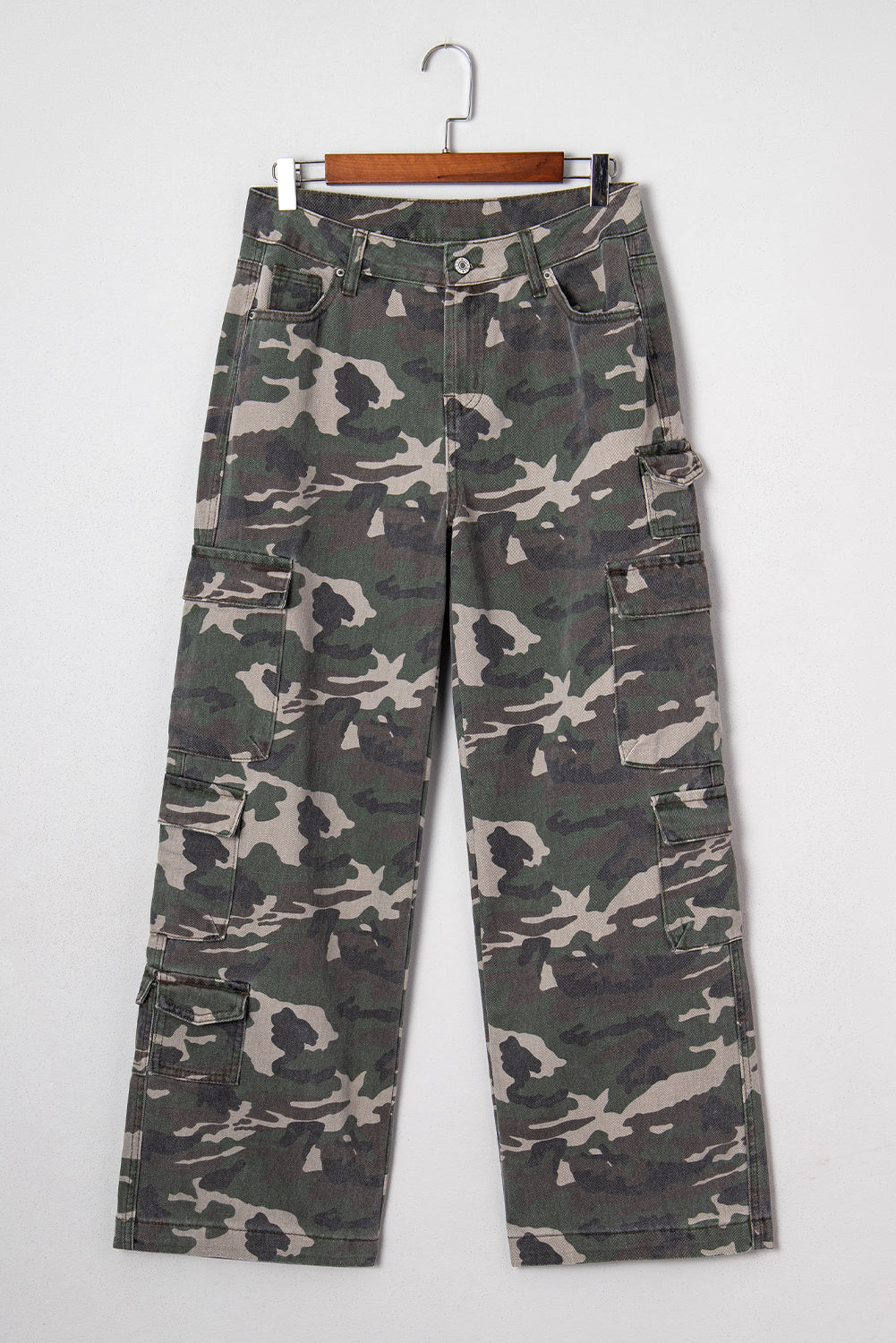 Green camo denim cargo wide-leg pants from Dear-Lover Dropshipping, featuring a relaxed fit and multiple pockets.