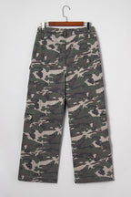 Green camo denim cargo wide-leg pants for women, featuring a relaxed fit and detailed pockets from Dear-Lover.