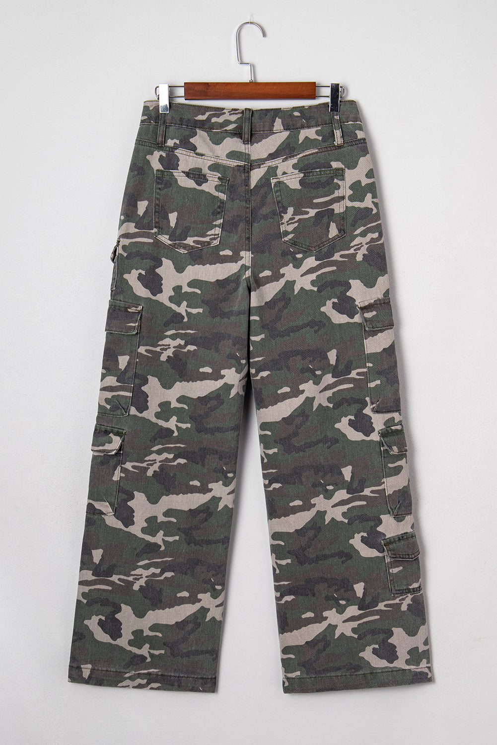 Green camo denim cargo wide-leg pants for women, featuring a relaxed fit and detailed pockets from Dear-Lover.