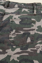 Green camo denim cargo wide-leg pants for women, featuring pockets and relaxed fit, from Dear-Lover Dropshipping.