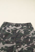 Green camo denim cargo wide-leg pants from Dear-Lover, featuring a relaxed fit, multiple pockets, and a stylish camo print.