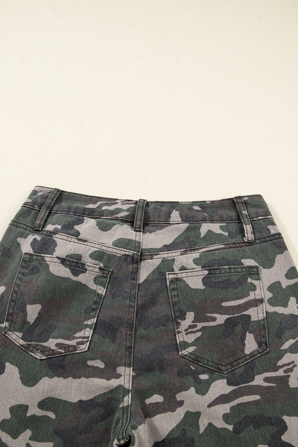 Green camo denim cargo wide-leg pants from Dear-Lover, featuring a relaxed fit, multiple pockets, and a stylish camo print.