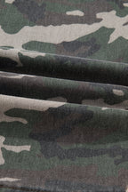 Green camo denim cargo wide-leg pants from Dear-Lover, featuring a relaxed fit and cargo pockets, made of cotton-polyester blend.