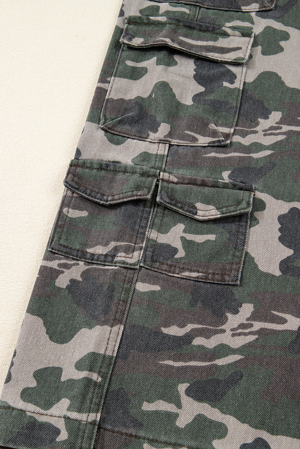 Green camo denim cargo wide-leg pants from Dear-Lover, featuring a relaxed fit and stylish camouflage pattern.