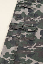 Green camo denim cargo wide-leg pants from Dear-Lover, featuring a relaxed fit and stylish camouflage pattern.