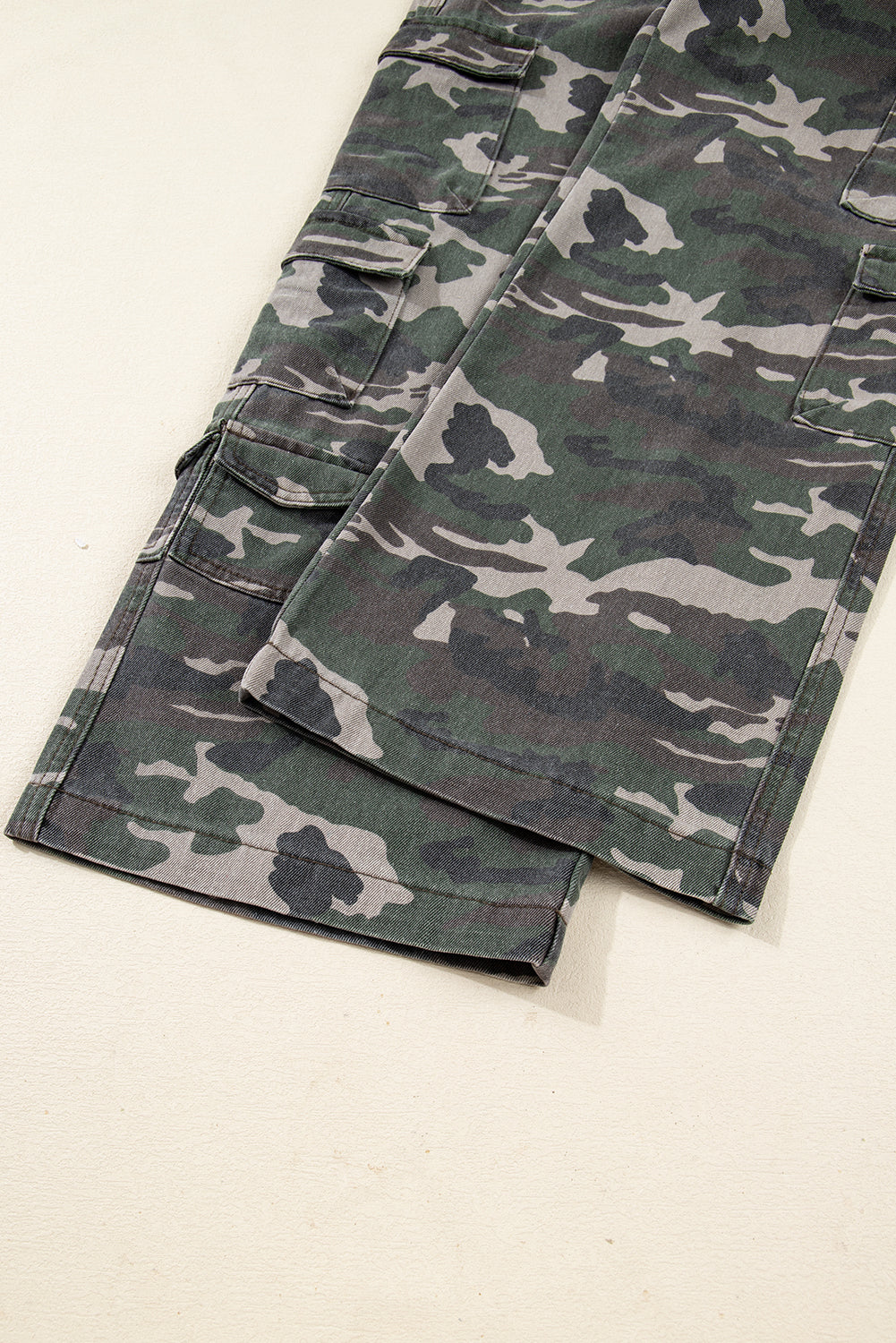 Green camo denim cargo wide-leg pants from Dear-Lover Dropshipping, featuring a relaxed fit and multiple pockets.