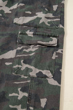 Green camo denim cargo wide-leg pants from Dear-Lover, featuring a relaxed fit, multiple pockets, and sturdy cotton-polyester fabric.