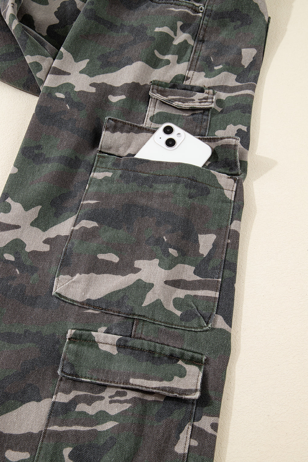 Green camo denim cargo wide-leg pants for women by Dear-Lover, featuring a relaxed fit and stylish camouflage pattern.
