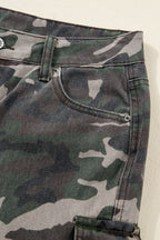 Green camo denim cargo wide-leg pants for women, featuring pockets and relaxed fit, from Dear-Lover Dropshipping.