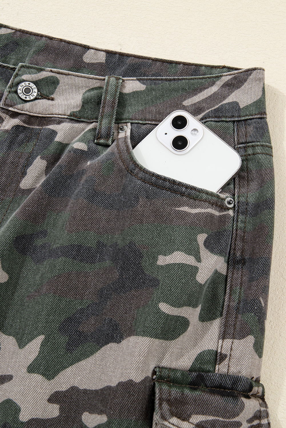 Green camo denim cargo wide-leg pants from Dear-Lover, featuring a relaxed fit and multiple pockets, made of cotton and polyester blend.