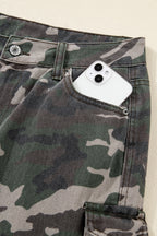 Green camo denim cargo wide-leg pants from Dear-Lover, featuring a relaxed fit and multiple pockets, made of cotton and polyester blend.
