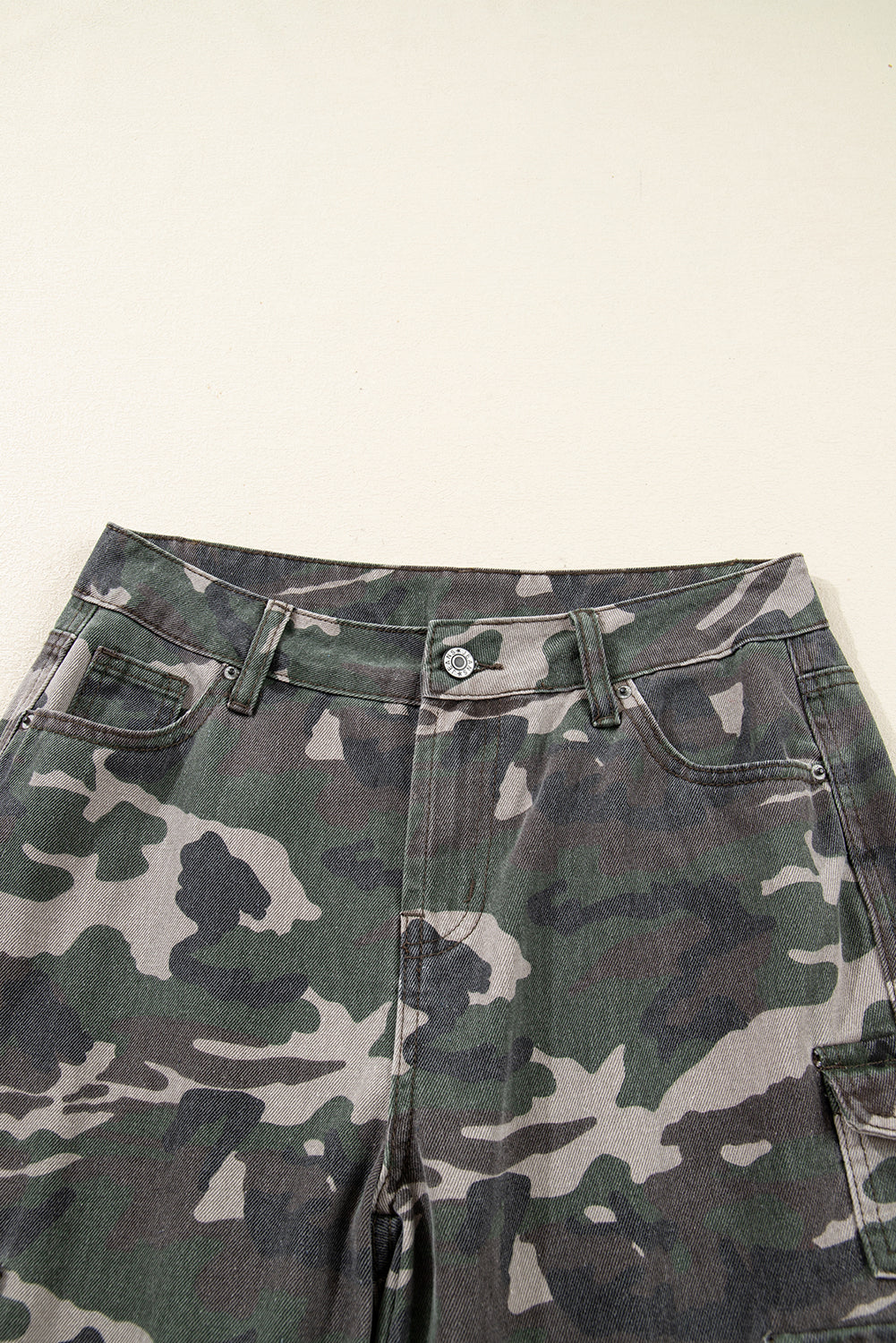 Green camo denim cargo wide-leg pants from Dear-Lover Dropshipping, featuring a relaxed fit and multiple side pockets.