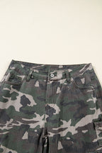 Green camo denim cargo wide-leg pants from Dear-Lover Dropshipping, featuring a relaxed fit and multiple side pockets.