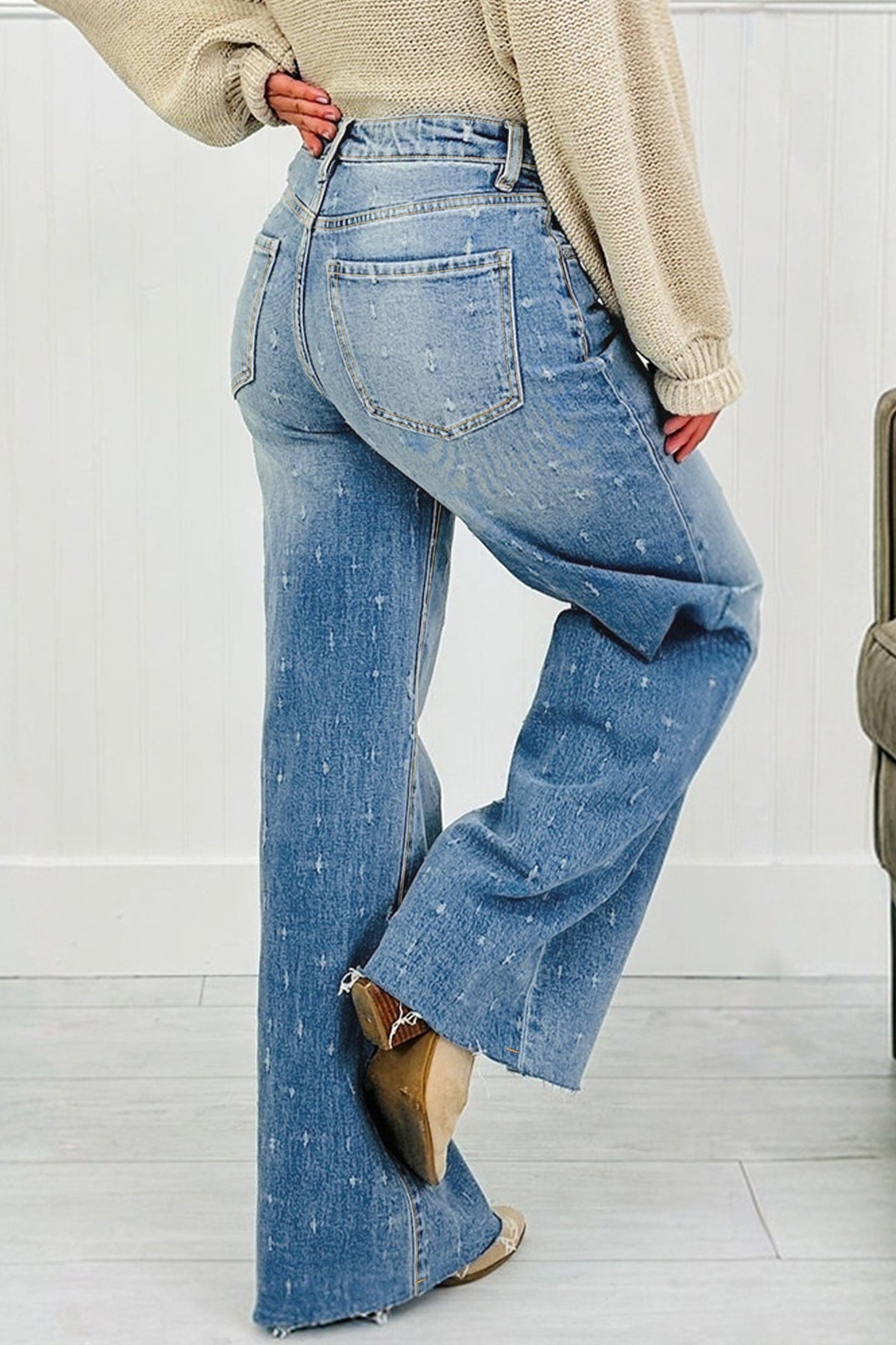 Mist Blue distressed detail tummy control jeans by Dear-Lover, raw hem, cotton blend, fitted bottoms with a trendy distressed finish.