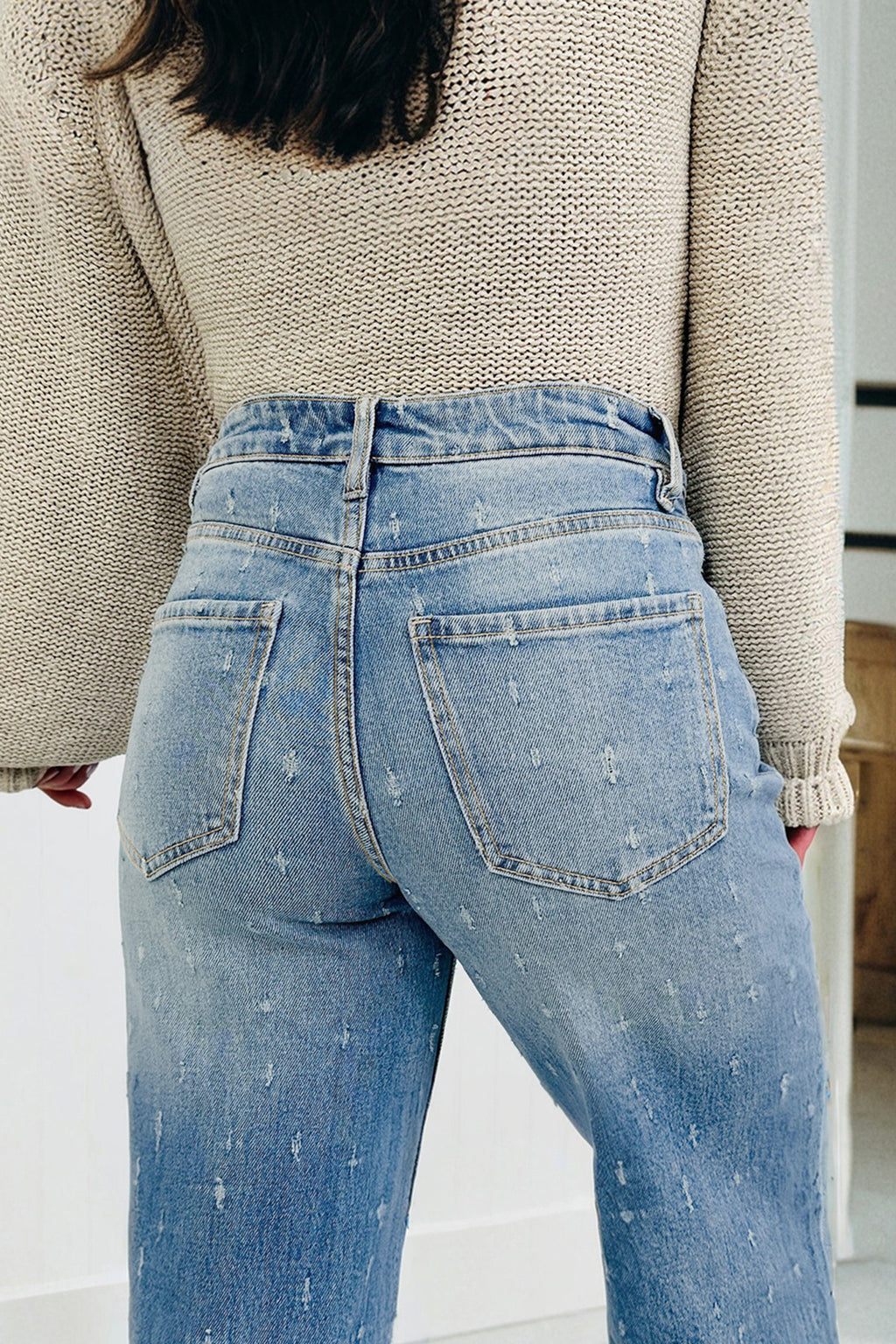 Mist Blue distressed detail tummy control raw hem jeans by Dear-Lover, casual bottoms with cotton and elastane for a comfortable fit.